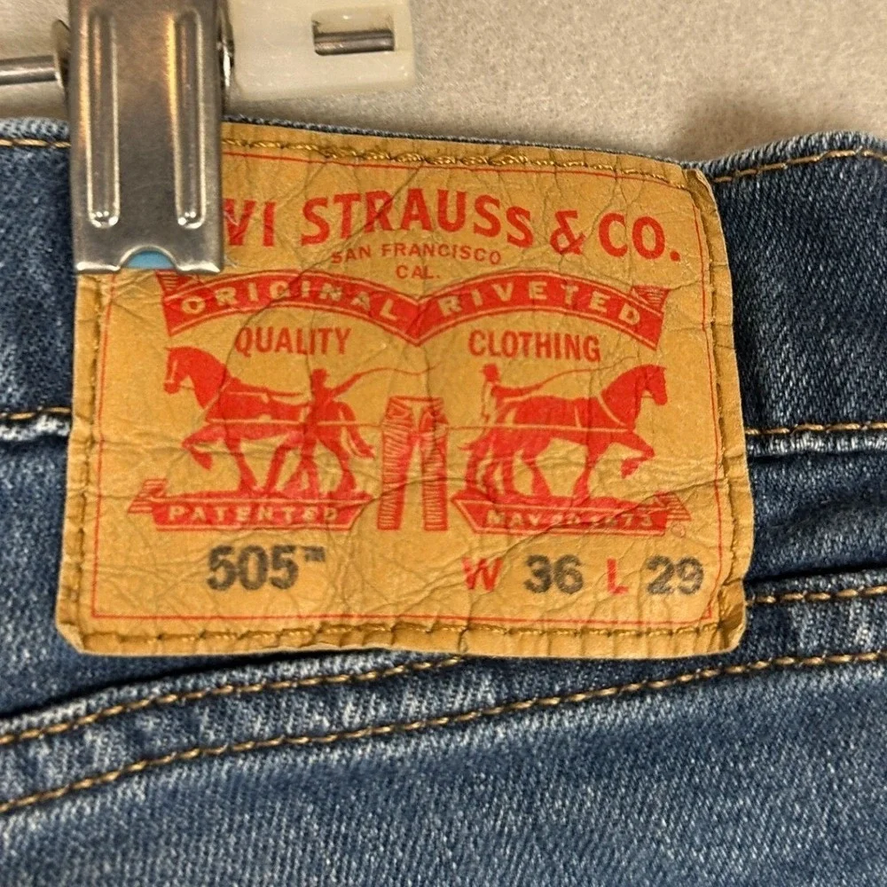 Levis 505 Jeans Men 36X29 Blue Regular Fit Straight Leg Stretch Denim Distressed